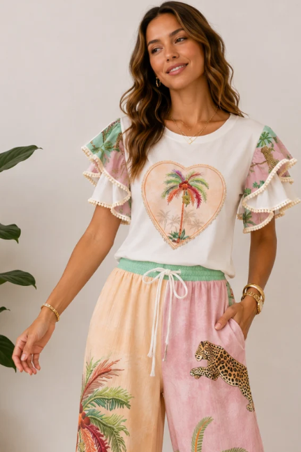 Flutter Sleeve Tee Safari Palm