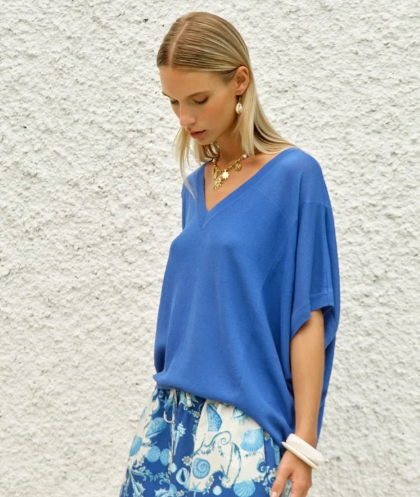Irises V Neck Top Cobalt Blue